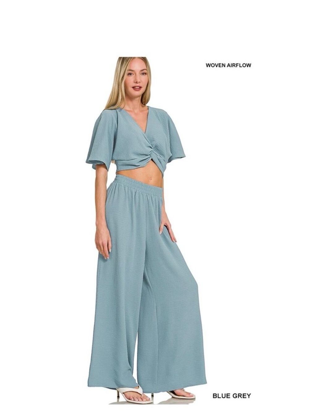 Zenana Woven Airflow Blue-Grey Wide-Leg Women's Pants Small